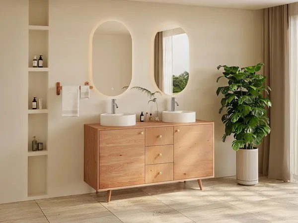 Vente-unique - ZARENO Waschbeckenmöbel Holz, Platte Beige - B 50,5 cm x H 80 cm x L 145 cm