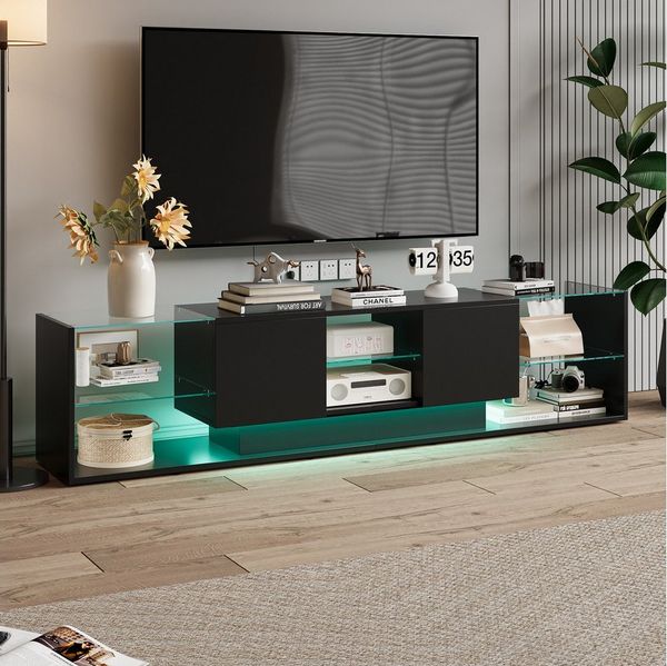 FUROKOY Lowboard Hochglanz-TV-Schrank, für bis 75 Zoll (Fernsehtisch, Fernsehschrank, TV Board), für Wohnzimmer und Schlafzimmer, 200 x 35 x 45 cm, Schwarz