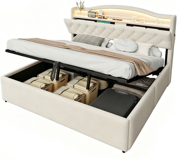Merax Polsterbett 180x200 cm, Doppelbettmit hydraulischem Stauraum, Samtbezug, LED-Kopfteilbeleuchtung, USB- und USB-C-Ladeanschlüssen, Stauraum im Kopfteil und Metallbettplatte, Beige Bild 10