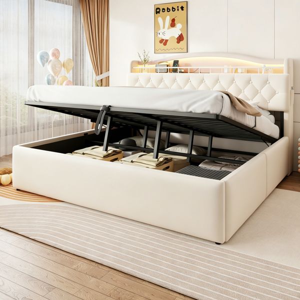 Merax Polsterbett 180x200 cm, Doppelbettmit hydraulischem Stauraum, Samtbezug, LED-Kopfteilbeleuchtung, USB- und USB-C-Ladeanschlüssen, Stauraum im Kopfteil und Metallbettplatte, Beige