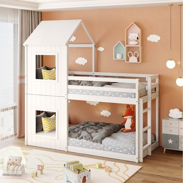 Odikalo Kinderbett Etagenbett Hausbett Leiter 2 Fenstern Dach Massivholz weiß/grau 90x200