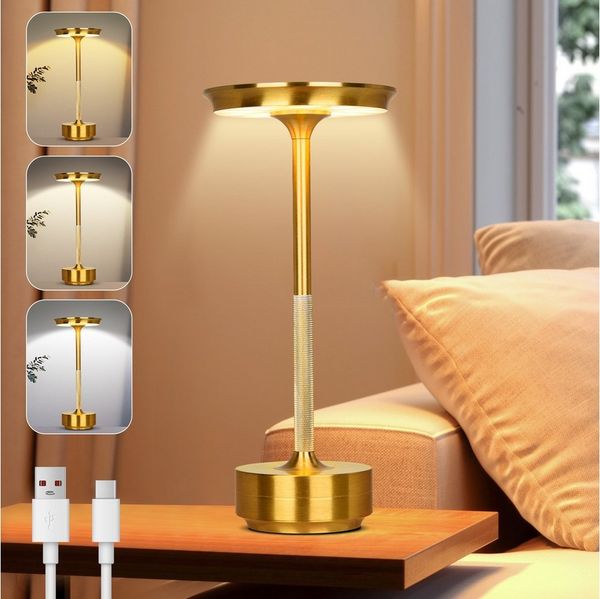 Lapalife Nachttischlampe LED Tischlampe Kabellos Akku, Dimmbar, 3 Farbtemperatur, LED fest integriert, Gold Tischleuchte USB Aufladbar für Nachttisch Esstisch Schreibtisch