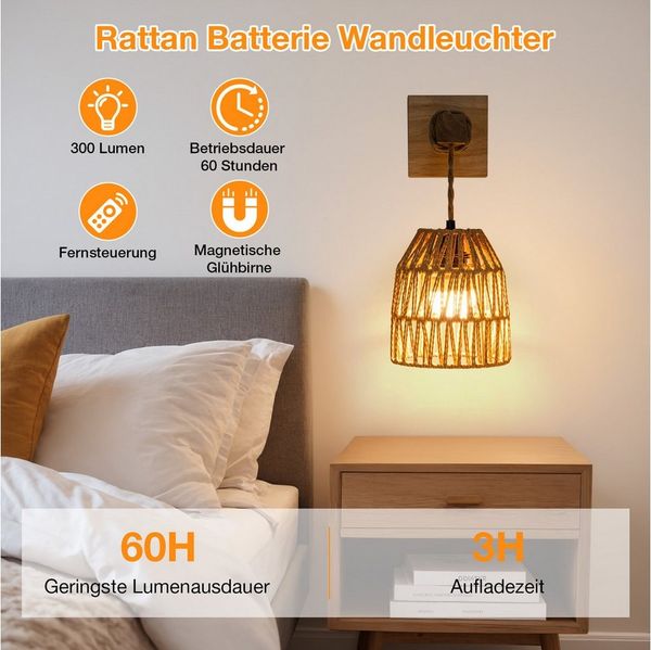 Rosnek LED Wandleuchte Boho, Batteriebetrieben, Wiederaufladbar, Dimmbar, Memory-Funktion, gewebtes Rattan-Design, für Schlafzimmer, Wohnzimmer, Flur