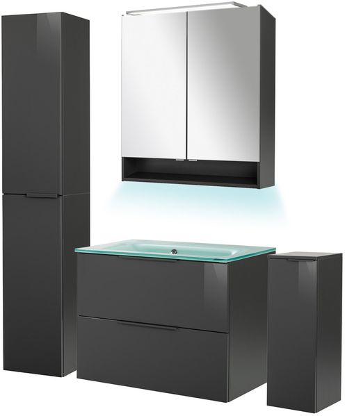 FACKELMANN LUNA Badmöbel Set 6-teilig 80 cm breit, Anthrazit, Waschbecken Glas Mint + Hochschrank + Midischrank + Ambientebeleuchtung