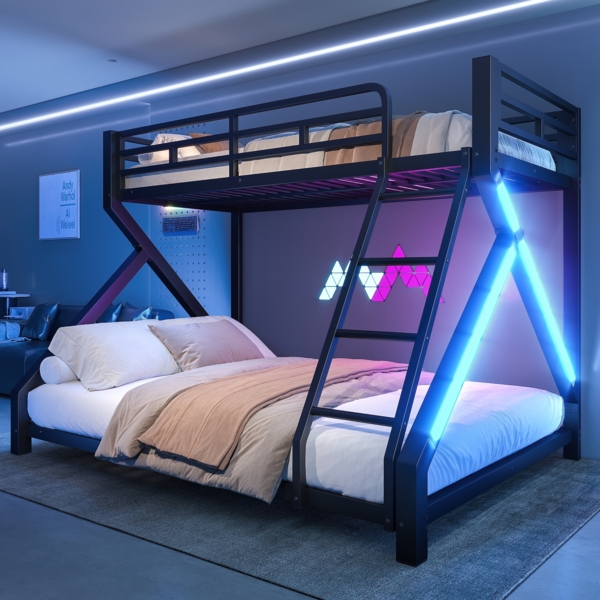 Merax Etagenbett 90 x 200 cm & 140 x 200 cm, Kinderbett, Jugendbett, Eisenrahmen, mit LED-Lichtleiste, Sicherheitsgeländer, Leiter, ohne Matratze, Schwarz