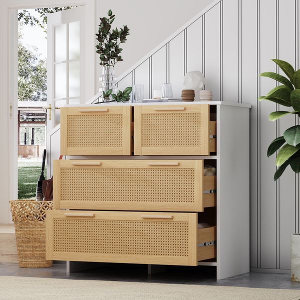 Kommode 80 x 38 x 80 cm mit 4 Schubladen, MDF in Natur-Weiß mit Naturrattan-Optik