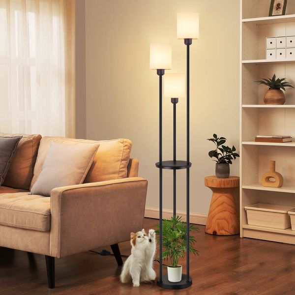 ZMH Stehlampe Wohnzimmer Stehleuchte Vintage - Standleuchte mit Regal E27 Standlampe Schlafzimmer Schwarz Retro Regallampe Weiß 3 Flammig Stoffschirm Stoff für Sofa Landhaus (Ohne Leuchtmittel)