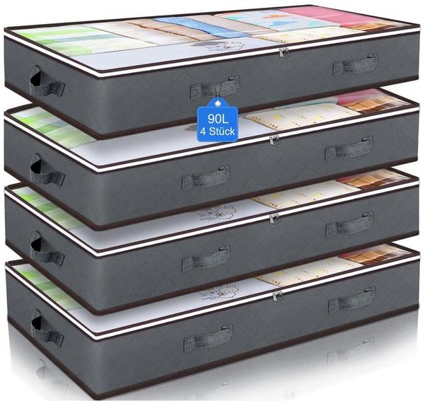 Ophy Unterbettkommode 4er-Set Unterbett-Aufbewahrungsbox (90 L, faltbar) (mit transparentem Deckel, Doppelreißverschluss & 4 Tragegriffen, 4 St), für Kleidung, Kissen & Bettdecken (100×50×15 cm)