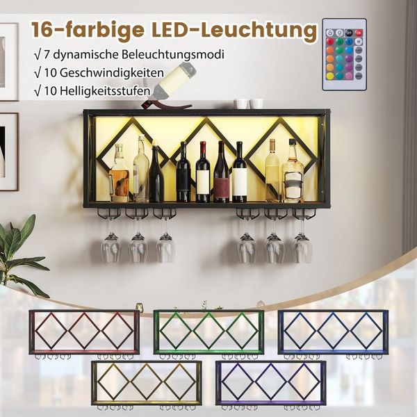 COSTWAY Weinregal, Wand mit LED, 2 Ebenen Flaschenregal Holz für 39 Flaschen