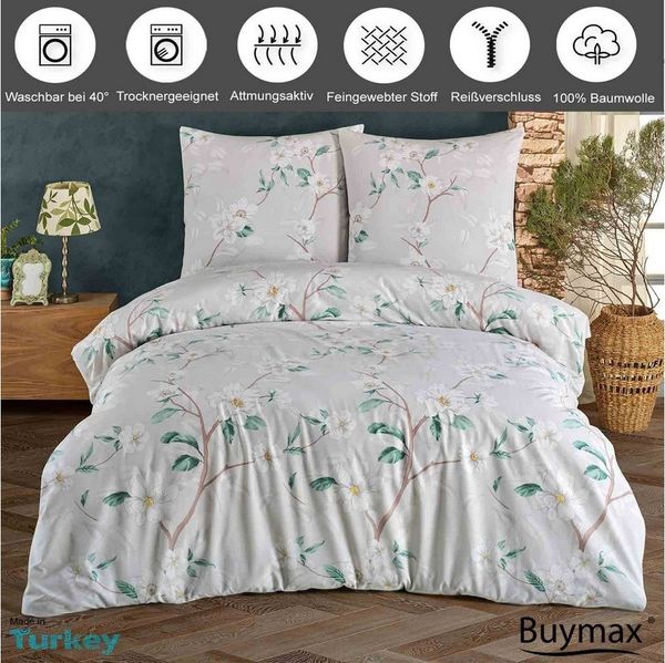 Buymax Bettwäsche Laris, Renforcé: 100% Baumwolle, 2 teilig, Bettbezug Set, Reißverschluss, Blätter Floral, Grau Grün