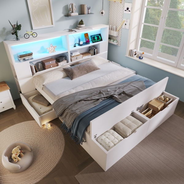 Merax Doppelbett Holzbett 140x200 cm Jugendbett, Kinderbett mit Stauraum, LED-Beleuchtung, USB-Ladeanschlüssen, Schubladen, Bettbank, Regalen, Lattenrost, Weiß