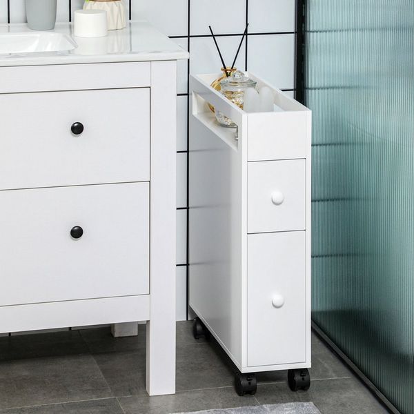 MC Star Badkommode Badezimmerschrank Nischenschrank mit Rollen Weiß, 16x49,5x66cm (2 Schubladen & offenem Fach, Badrollwagen)