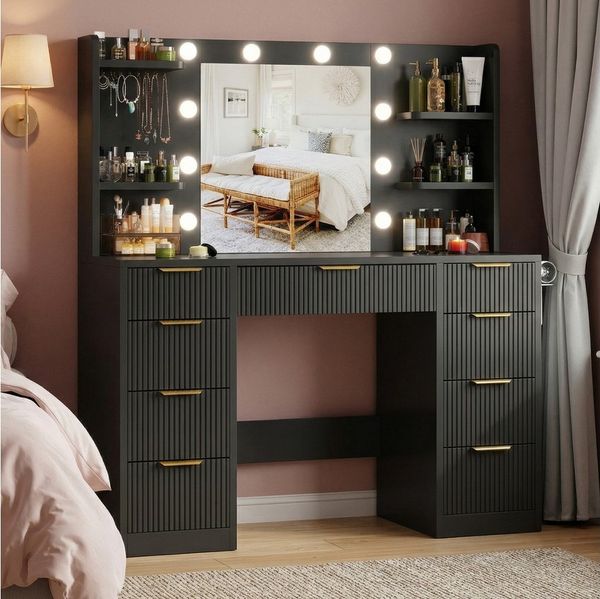 HOMALL Schminktisch Mit dreifarbiger LED-Beleuchtung, mit Spiegel, optional mit Hockern (Maße: 110 x 40 x 137 cm, mit 10 kugelförmigen Lampen, deren Helligkeit und Farbtemperatur einstellbar sind, sowie einer Schublade. Ausgestattet mit 1 USB-Anschluss...