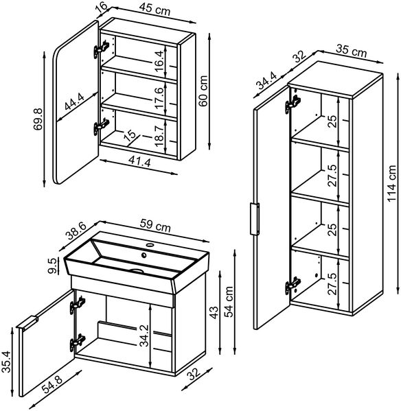 Roomart LYCIA-60 Badmöbel Set– 4-teiliges Badezimmermöbel Set - Waschbeckenunterschrank mit Keramikwaschbecken, Spiegelschrank & Hochschrank - H 54 x B 38.6 x T 59 cm • Grau Bild 7