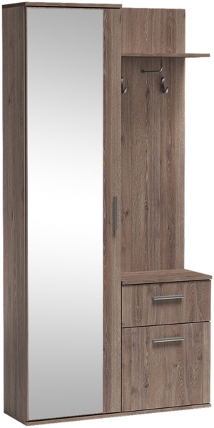 MEBLINI Garderobenschrank Flur mit Spiegel - LUXOR - 97x30x195cm R/L - Trüffeleiche - Garderobe Schrank - Flurgarderobe schmal - Garderobe Flur Möbel Set - Flurschrank hoch