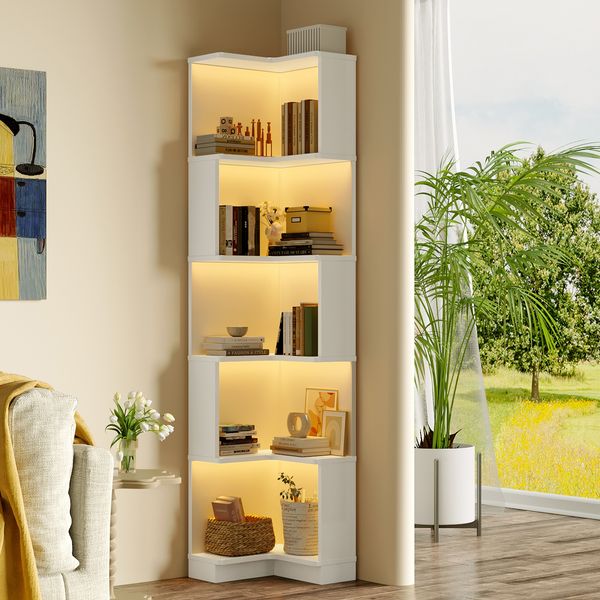 Merax 175cm Eckbücherregal, Multifunktionsbücherregal, L-förmiges Bücherregal, LED-Farbwechsel-Lichtleiste, App-Steuerung, fünfschichtiger Stauraum, weiß