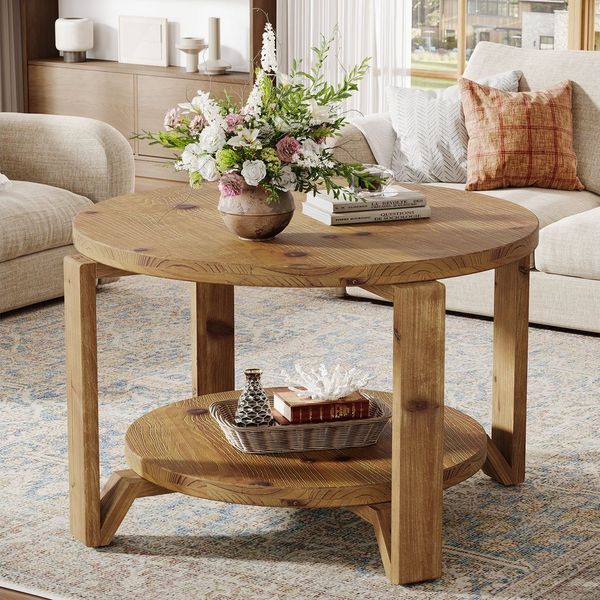 Tribesigns Couchtisch Massivholz Runder Couchtisch, 80 cm Wohnzimmertisch mit Ablageflächen