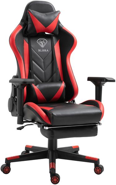 Gaming Stuhl mit Fußstütze und ergonomsichen 4D-Armlehnen gaming chair in ergonomischer Sportsitz Optik Gamer Stuhl mit verstellbaren Rückenstützkissen Bürostuhl Schwarz/Rot