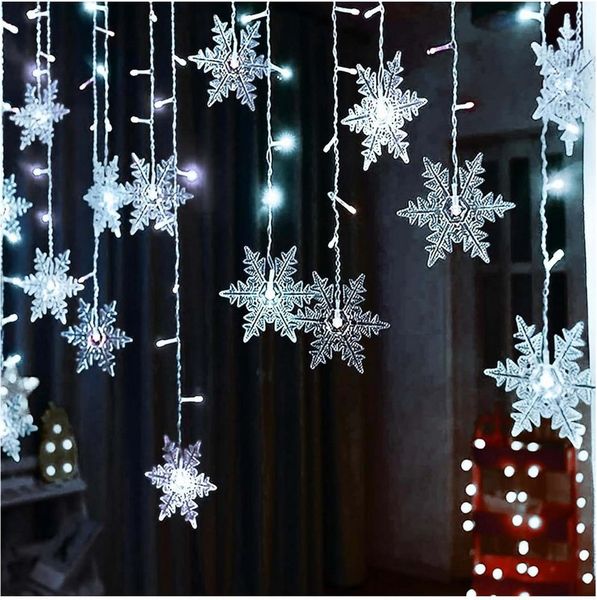 Qualra Lichtervorhang 96LEDs Schneeflocke Lichtervorhang Weihnachtsbeleuchtung Fensterdeko, 8 Modi Innen Weihnachten Fenster Lichterkette