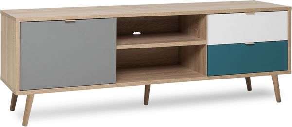 Finori Cuba 54 TV-Board, Dekor Sonoma Eiche / Tricolor | TV-Board für Wohnzimmer | Maß: B x H x T ca. 150 x 52 x 40 cm | TV-Board mit 1 Tür, 2 offene Fächer und 2 Schubkästen