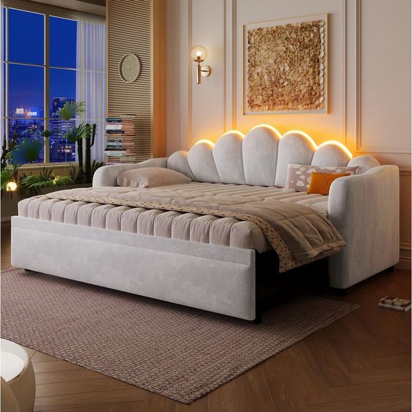 Odikalo Schlafsofa Schlafcouch mit Ausziehbett & LED, Polster-Tagesbett, Ausziehfunktion flach oder aufgestellt