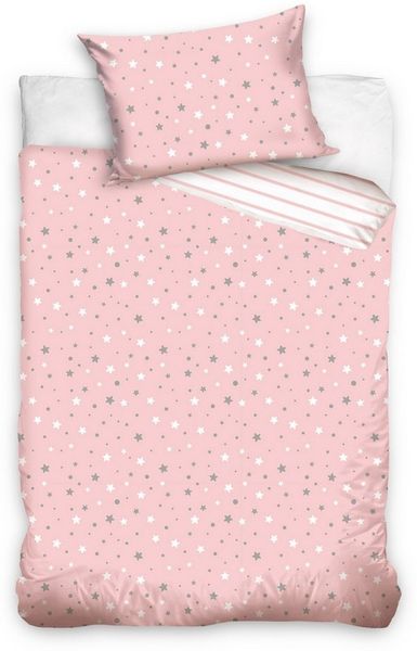 MTOnlinehandel Babybettwäsche Stella • Sterne • Streifen • 100x135 + 40x60 cm, Renforcé, 100% Baumwolle, 2 teilig, Sterne in Weiß und Grau • Wende-Motiv mit zarten Streifen