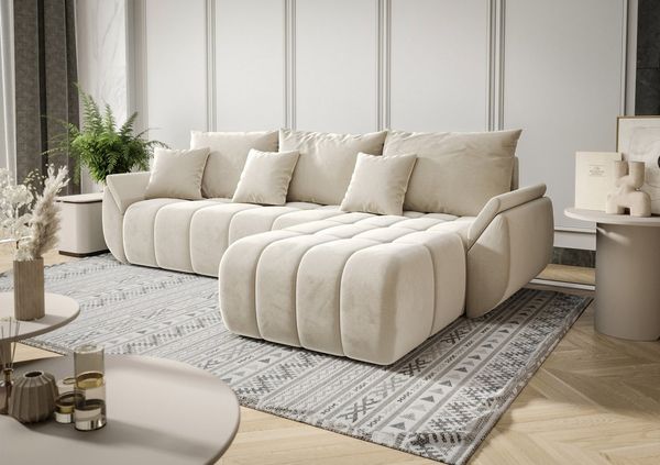 Fun-Möbel 'LOUISE' Ecksofa mit Bettkasten, Monolith Creme, Ottomane Rechts