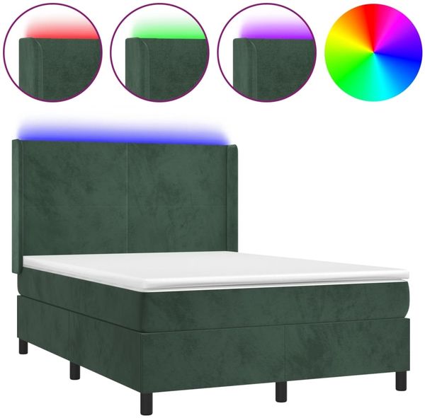 vidaXL Boxspringbett mit Matratze & LED Dunkelgrün 140x200 cm Samt 3139448