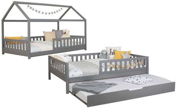 Ticaa Hausbett Duo mit Rausfallschutz und Zusatzbett aus Kiefer, Bodenbett 90x200, inkl. abnehmbarem Dach, mit Rollrost