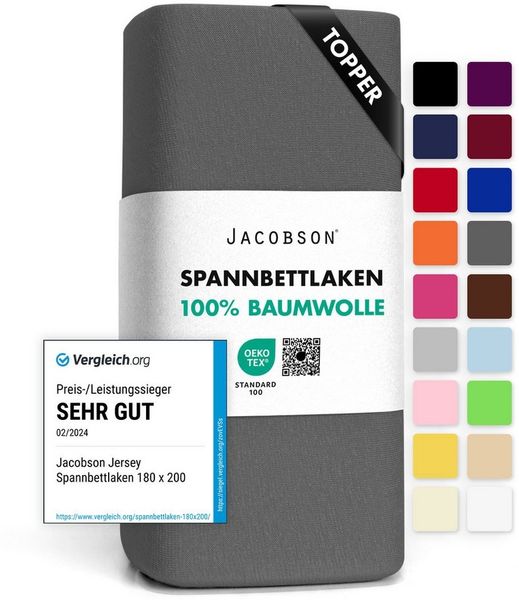 Jacobson Spannbettlaken TOPPER aus 100% Baumwolle, Jersey Bettlaken 160 g/m², Spannbetttuch mit Gummizug, pflegeleicht & viele Farben