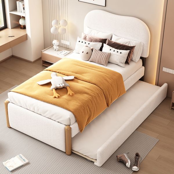 90*200cm Flachbett, gepolstert, mit praktischem ausziehbares Rollbett, minimalistische Formgebung, weiß