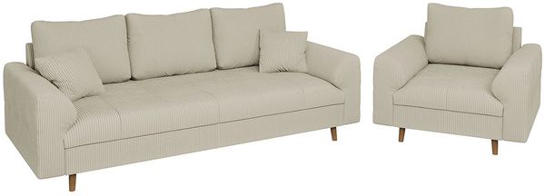 S-Style Möbel Polstergarnitur 3+1 Zara mit Braun Holzfüßen im skandinavischen Stil aus Cord-Stoff, (1x 3-Sitzer-Sofa, 1x Sessel), mit Wellenfederung