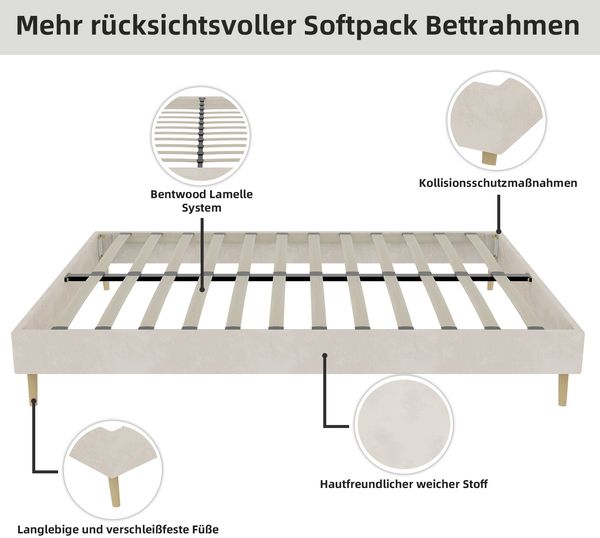 Bettgestell aus Stoff mit Metallgestell, 160x200 cm, Beige, ohne Kopfteil und ohne Matratze Bild 6