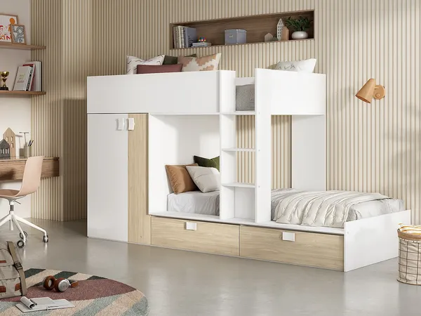 Vente-unique - JUANITO Bett Holz, Platte BeigeWeiß - B 108 cm x H 150 cm x L 275 cm