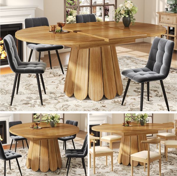 Esstisch ausziehbar, Esszimmertisch, Küchentisch, balkontisch, esstisch holz Runder Esstisch, ausziehbar zu oval, 118-158 cm, Platz für bis zu 6 Personen, braun