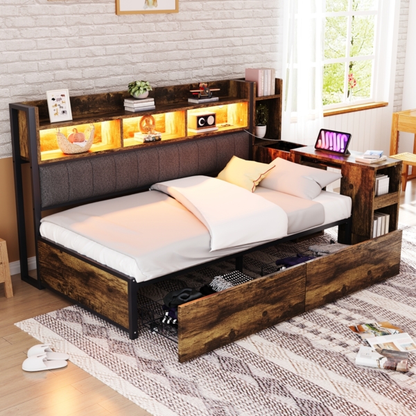 Eisen-Sofabett, vielseitige Staufächer und Schließfächer, multifunktionale Steckdosen, LED-Beleuchtung, große Schubladen, ausziehbarer Schreibtisch, Holzfarbe, 90 × 200 cm