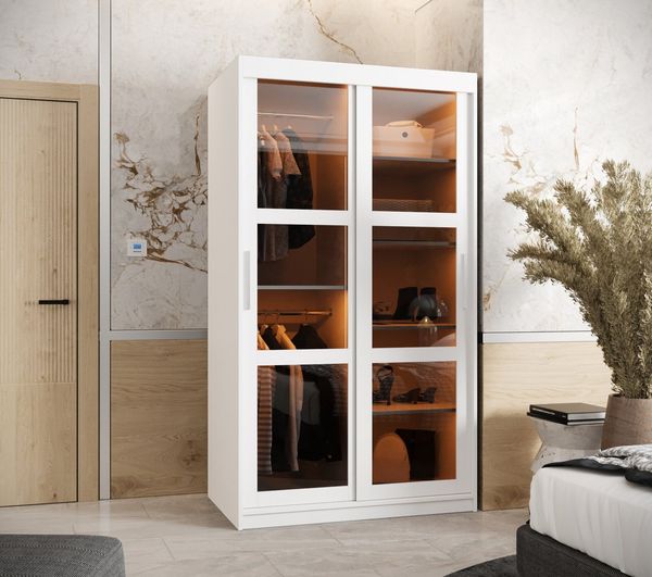 MOEBLO Schiebetürenschrank DEMO (Kleiderschrank Schwebetürenschrank 2-türig Schrank mit vielen Einlegeböden und Kleiderstange mit LED Gaderobe Schiebtüren Schlafzimmer- Wohnzimmerschrank Modern Design)