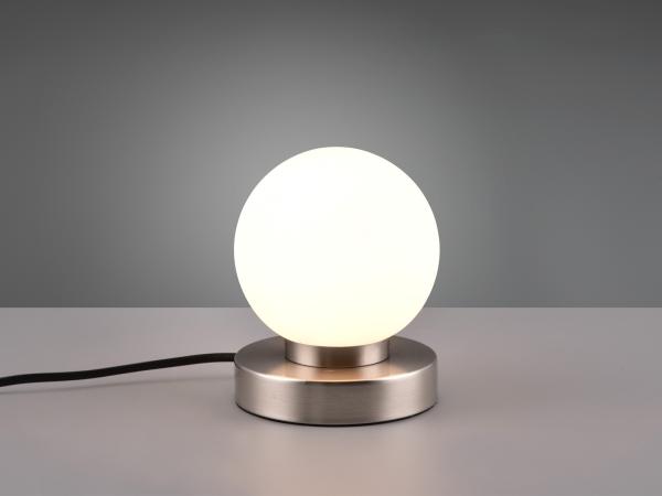 Reality Leuchten LED Nachttischlampe, Dimmfunktion, LED wechselbar, Warmweiß, kleine Bauhaus Lampe touch dimmbar Glas-kugel Lampenschirm Weiß Ø 12cm