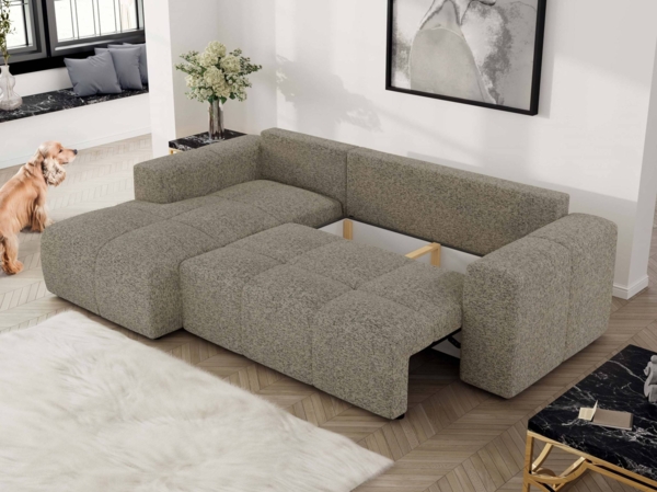 Ecksofa mit Schlaffunktion und Bettkasten, L-form Couch, lose Kissen, Polstersofa - MONIVA - Dunkelbeige Struktur - linke Seite Bild 5