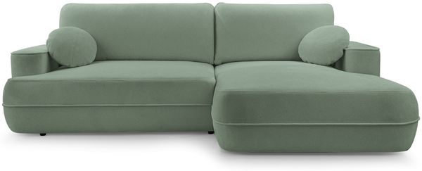 Selsey 'Fuerro' Ecksofa mit Schlaffunktion, Bettkasten, Ottomane rechts, Strukturstoff wasserabweisend, Salbeigrün