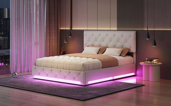 Gdood Polsterbett Stauraumbett LED Doppelbett (Hydraulisch anhebbarer Stauraum), Mit LED-Beleuchtung, Bettkasten, Lattenrost, Leinen, 140x200 cm