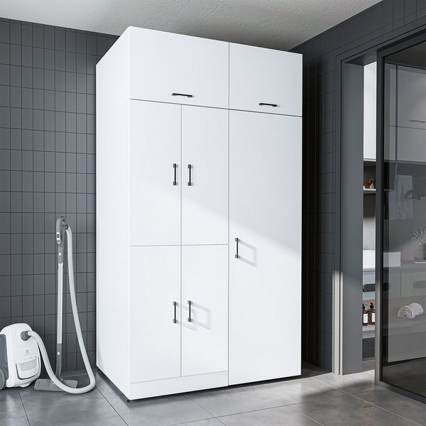 Roomart Waschmaschinenumbauschrank DORA 130 cm Breit (für Waschmaschine & Trockner mit Regalboden, Weiß • Weiß Eiche • Anthrazit Eiche • Eiche • Schwarz Eiche)