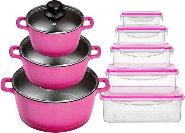 KING Topf-Set ALUGUSS, Aluminiumguss (Set, 16-tlg, je 1 Kochtopf mit Deckel 16/20/24 cm, 5 Vorratsdosen), Glasdeckel, Induktion,Keramikantihaftbeschichtung