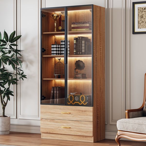 Flieks Hochschrank 75 x 34.5 x 170 cm mit LED-Lichtleiste, Aufbewahrungsschrank mit 2 Türen, 2 Schubladen und Glastür, Vitrine, Badschrank, Naturholzfarbe