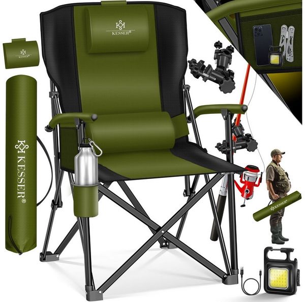 KESSER® Campingstuhl faltbar bis 160 kg | Angelstuhl Faltstuhl Klappstuhl Gepolstert mit Armlehnen | Campinglicht und Getränkehalter + Tasche mit hoher Rückenlehne | Strandstuhl mit Angelhalterung Khaki / Schwarz