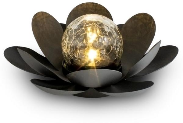 Spetebo LED Solarleuchte LED Solar Lotusblüte schwarz mit Crackleglas Kugel - 24 x 10 cm, Einschaltautomatik, LED fest integriert, warmweiß, Garten Deko Kugelleuchte im Blumen Design