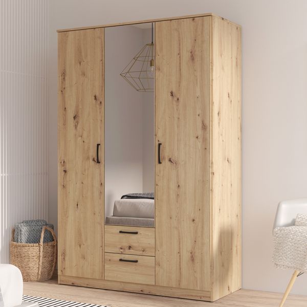 Forte NIKO Kleiderschrank 120 130, moderner Schrank 2-türig, Schlafzimmer, Jugendzimmer, Kinderzimmer, Holzwerkstoff, Artisan Eiche Holzdekor mit Spiegel, 122 cm breit x 185 cm hoch x 52,7 cm tief