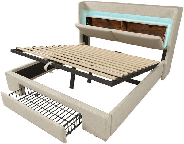 Polsterbett 140×200 cm mit hydraulischem Bettkasten, LED, USB/USB-C, Stauraum-Kopfteil, Beige, ohne Matratze Bild 6