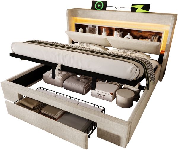Polsterbett 140×200 cm mit hydraulischem Bettkasten, LED, USB/USB-C, Stauraum-Kopfteil, Beige, ohne Matratze Bild 7
