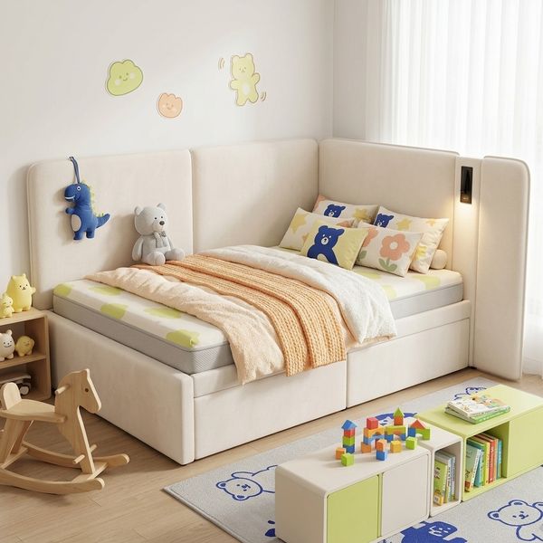 Daybett 90x200 cm mit 2 Schubladen, Polsterbett, Tagesbett, Schlafsofa mit USB-Ladeanschluss und Leselampe, Samt, beige